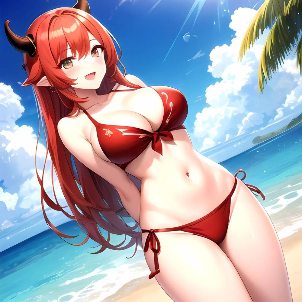 Nilou Genshin Impact 1girl Bare Shoulders Beach Bikini Blush Breasts Cleavage Collarbone Fake Horns Horns Large Breasts Long Hai, 1286972584 - AIHentai - #main