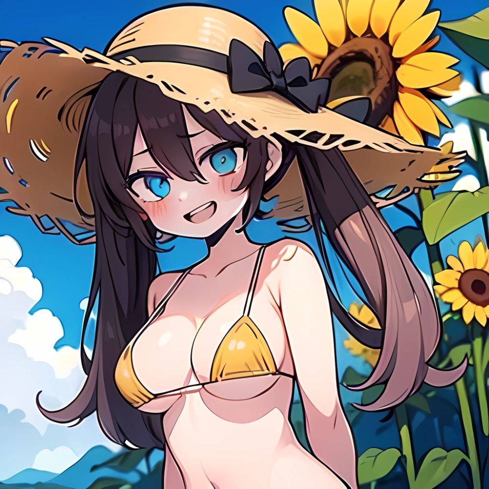 1girl D Backlighting Bare Arms Blue Sky Breasts Brown Hair Cloud Curvy Day Naked Flower Blue Eyes Hair Between Eyes, 1216172638 - AIHentai - #main