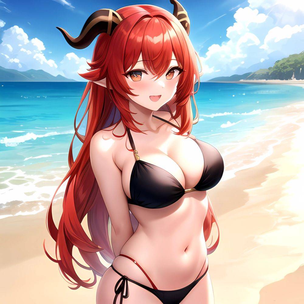 Nilou Genshin Impact 1girl Bare Shoulders Beach Bikini Blush Breasts Cleavage Collarbone Fake Horns Horns Large Breasts Long Hai, 3668529456 - AIHentai - #main