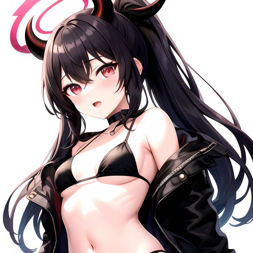 Kayoko Blue Archive 1girl Alternate Costume Bare Shoulders Bikini Black Bikini Black Choker Black Hair Black Horns Black Jacket, 1035797979 - AIHentai - #main