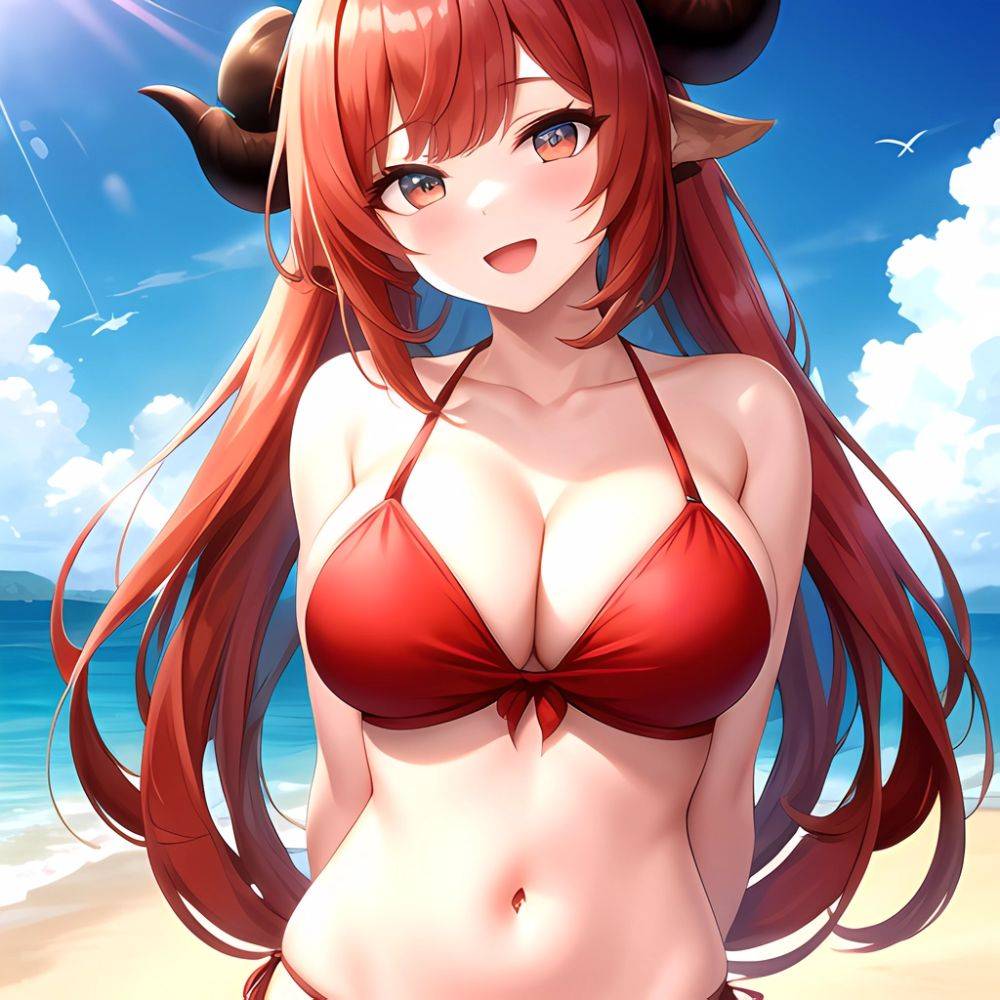 Nilou Genshin Impact 1girl Bare Shoulders Beach Bikini Blush Breasts Cleavage Collarbone Fake Horns Horns Large Breasts Long Hai, 3815386548 - AIHentai - #main