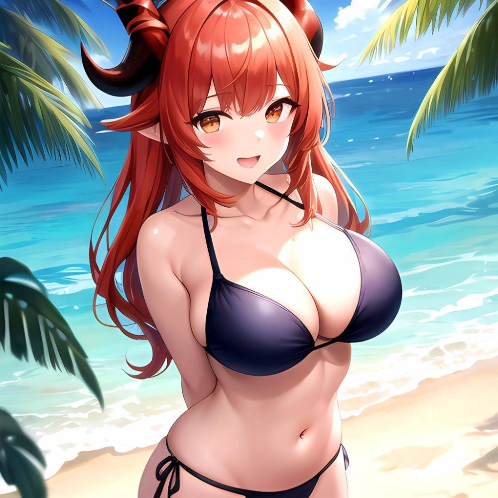 Nilou Genshin Impact 1girl Bare Shoulders Beach Bikini Blush Breasts Cleavage Collarbone Fake Horns Horns Large Breasts Long Hai, 4187239123 - AIHentai - #main