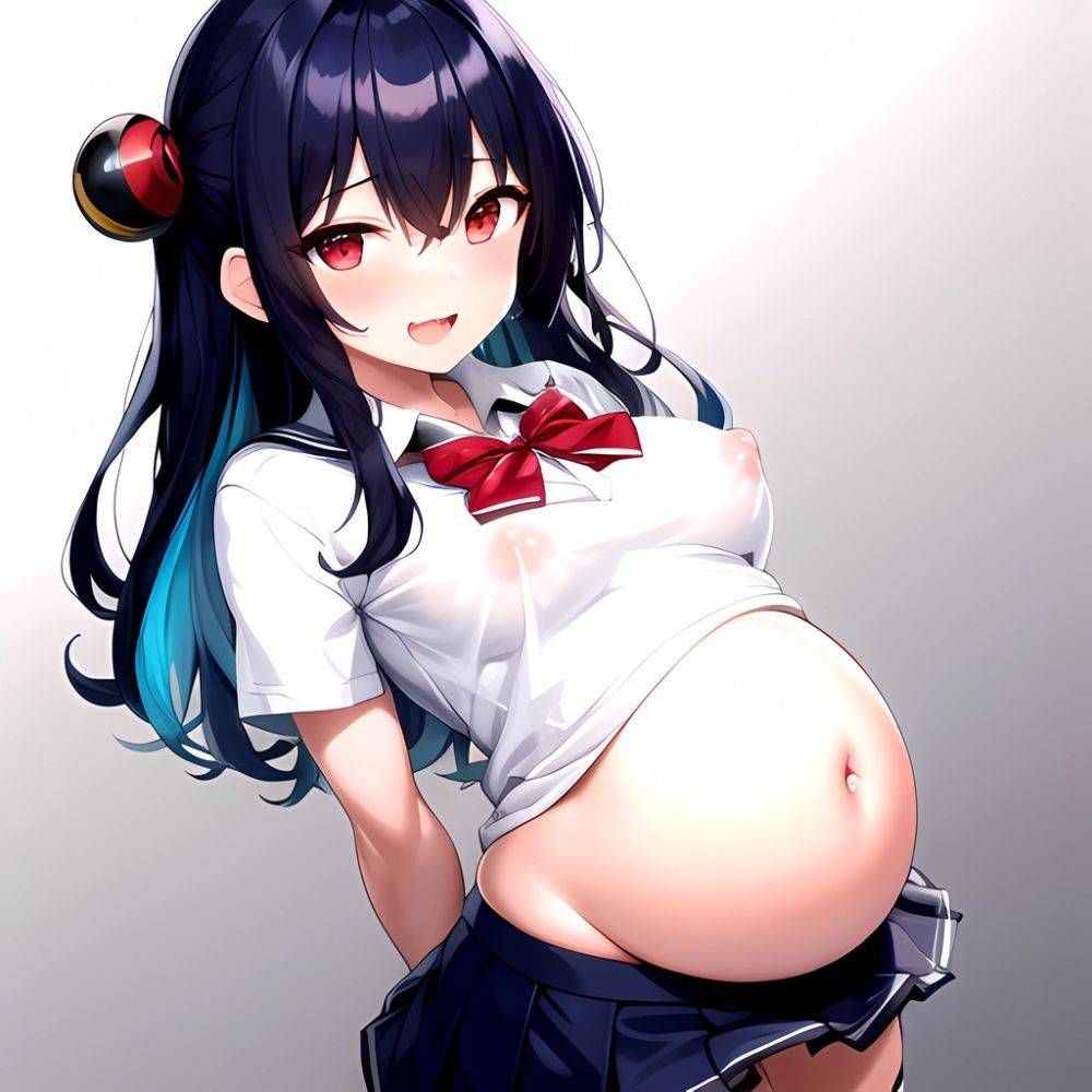 1girl Arms Behind Back 1 3 Blue Hair Blush Breasts Breasts Out Pregnant Long Hair Facing The Viewer Medium Breasts, 3707279095 - AIHentai - #main
