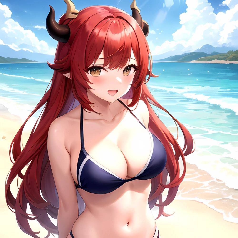 Nilou Genshin Impact 1girl Bare Shoulders Beach Bikini Blush Breasts Cleavage Collarbone Fake Horns Horns Large Breasts Long Hai, 2434021587 - AIHentai - #main