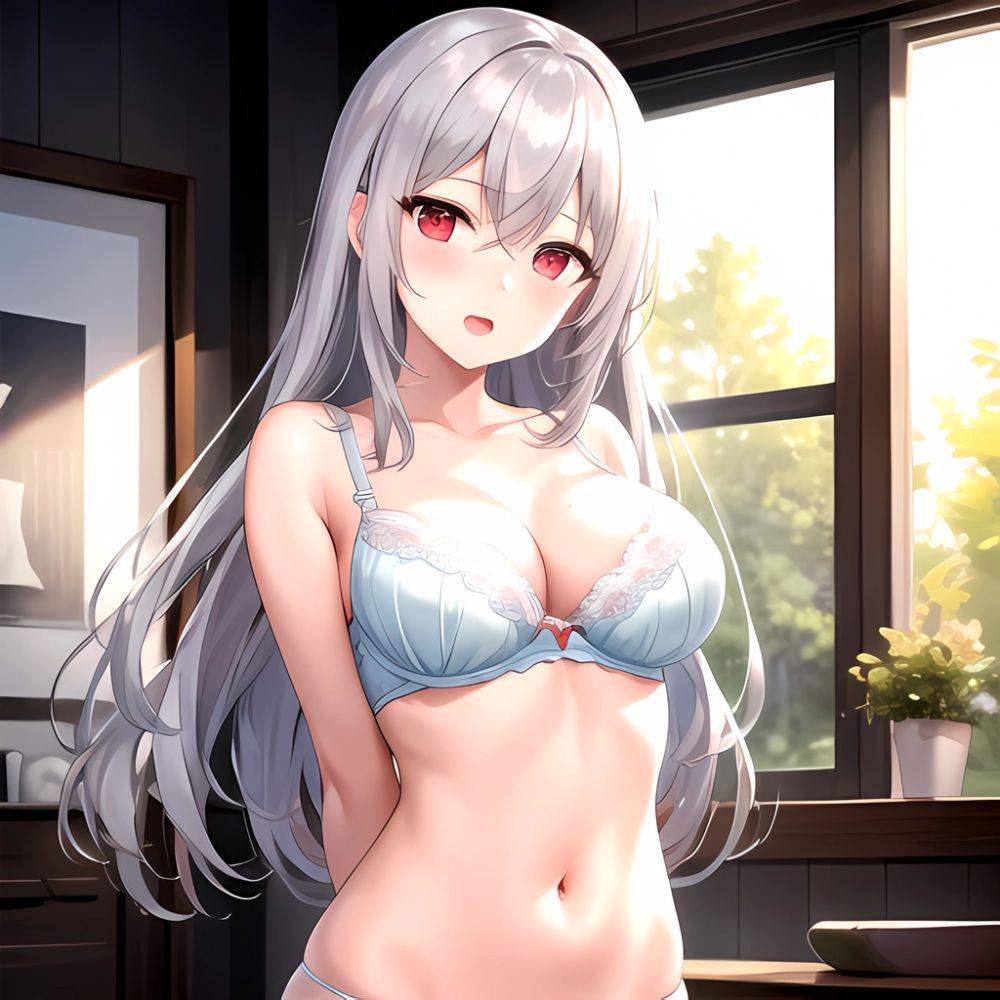 1girl White Bra Blush Bra Breasts Double Parted Bangs Grey Hair Hair Between Eyes Indoors Large Breasts Long Hair Looking, 2243591857 - AIHentai - #main