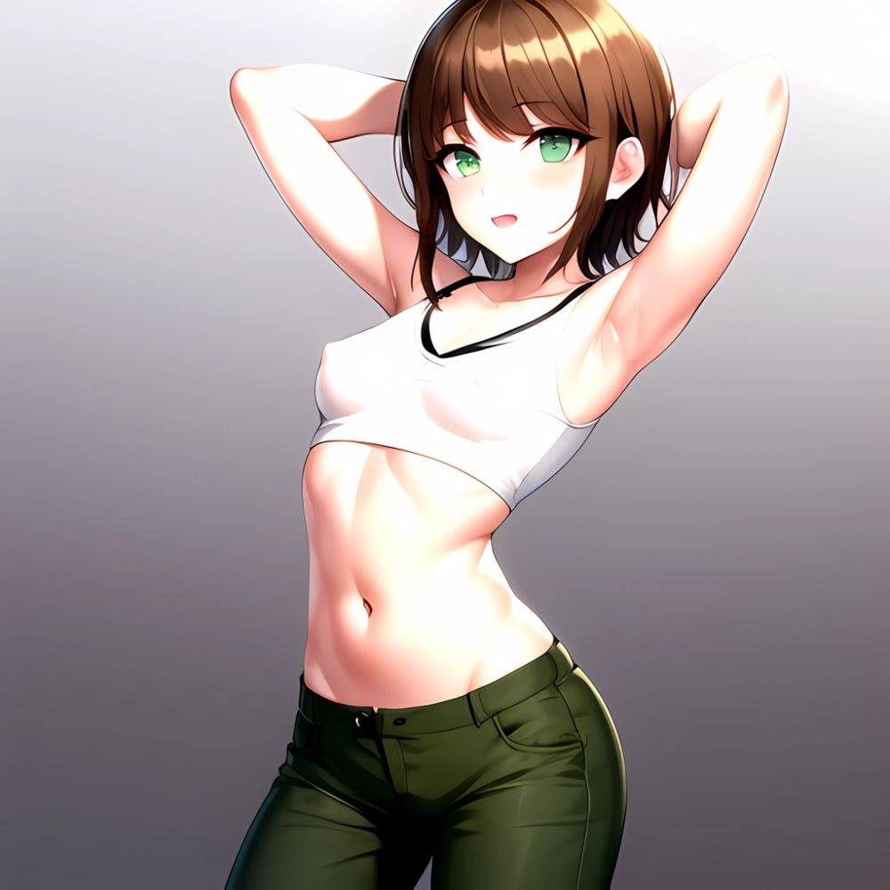 1boy Armpits Arms Behind Head Blush Breasts Brown Hair Bulge Collarbone Contrapposto Covered Nipples Crop Top Danganronpa Trigge, 3300201995 - AIHentai - #main