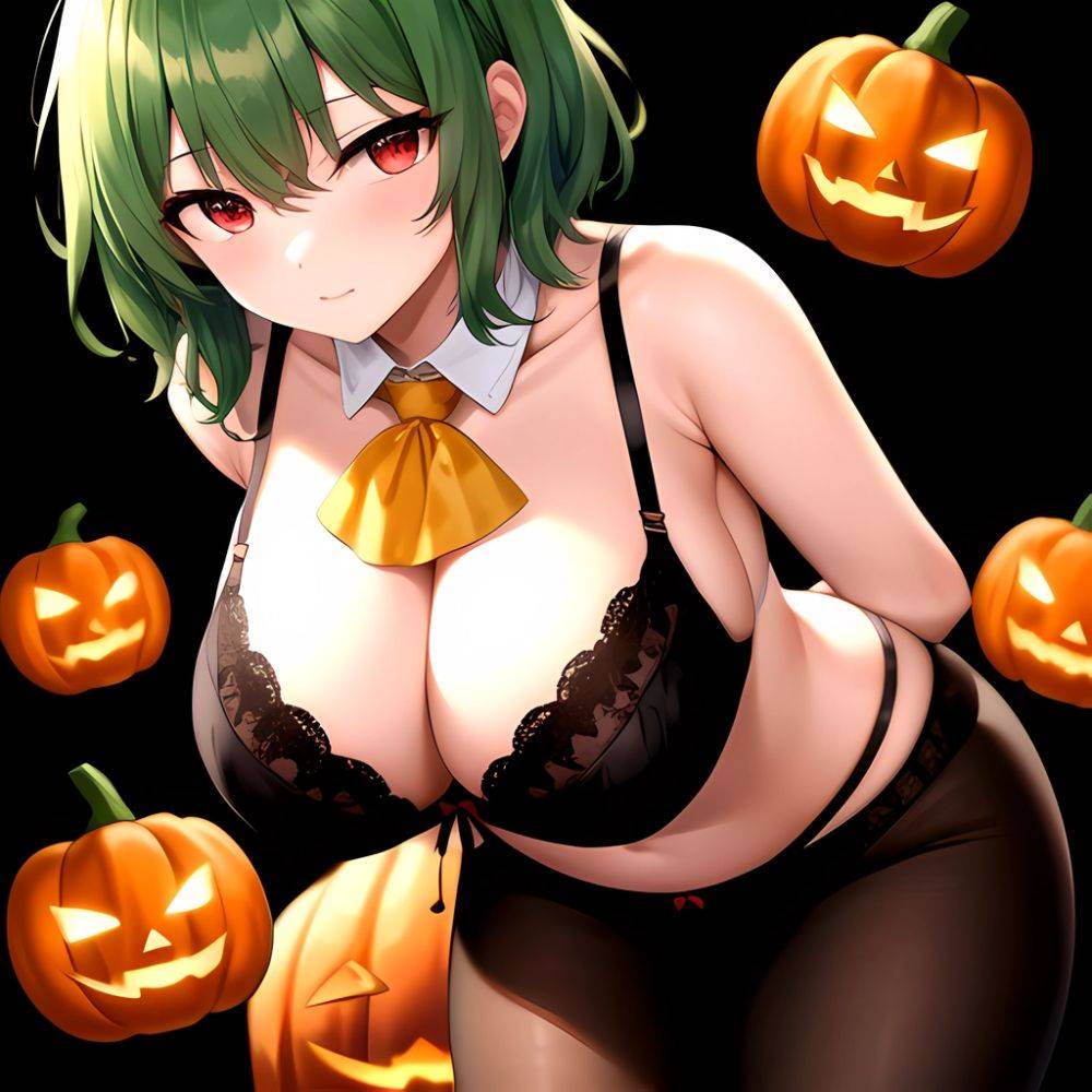 Pumpkins Halloween Kazami Yuuka 1girl Arms Behind Back Ascot Black Background Black Bra Black Panties Black Pantyhose Bra Breast, 1118129416 - AIHentai - #main