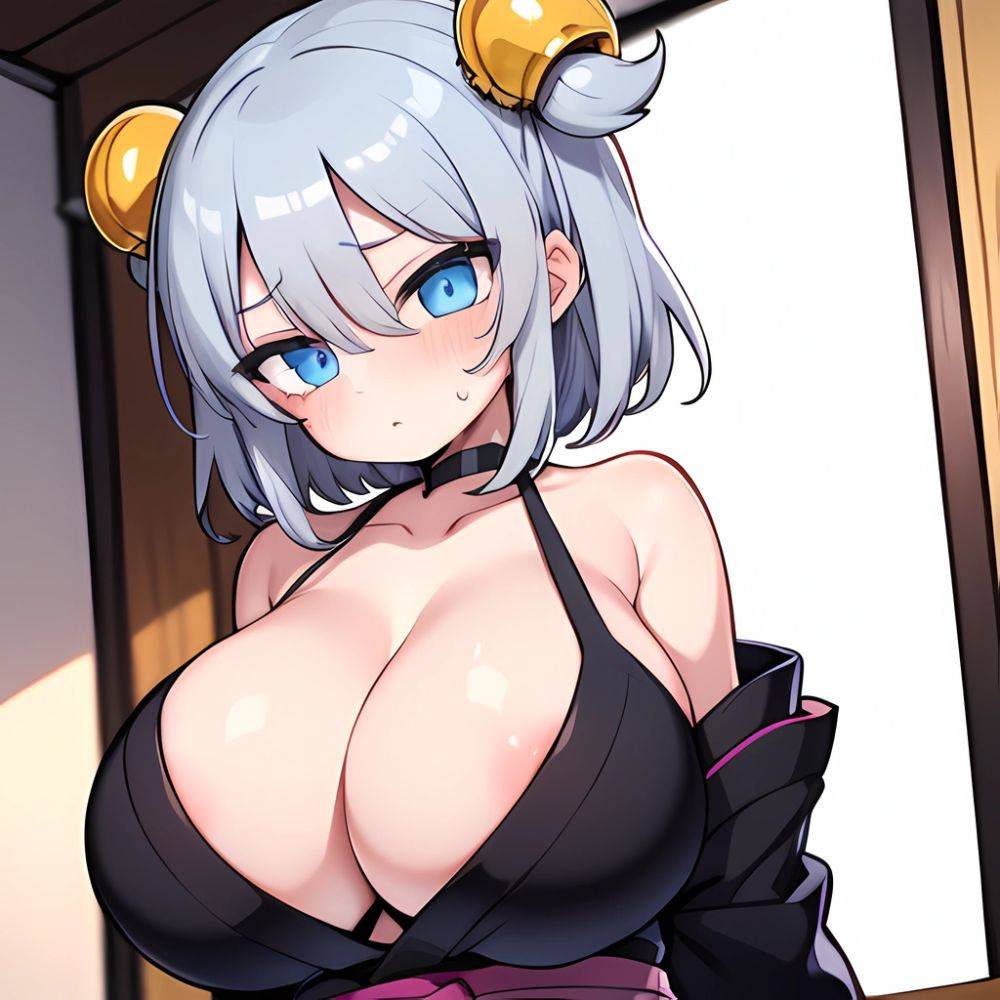 Yumi Senran Kagura 1girl Bare Shoulders Blue Eyes Breasts Cleavage Grey Hair Huge Breasts Japanese Clothes Kimono Looking At Vie, 128118232 - AIHentai - #main