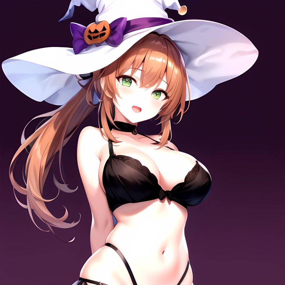 Chinatsu Suzutsuki Kurara 1girl Breasts Brown Hair Green Eyes Halloween Halloween Costume Hat Large Breasts Long Hair Open Mouth, 2018332466 - AIHentai - #main