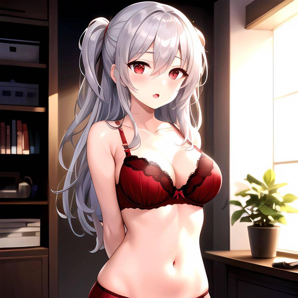 1girl Red Bra Blush Bra Breasts Double Parted Bangs Grey Hair Hair Between Eyes Indoors Large Breasts Long Hair Looking, 4241399915 - AIHentai - #main