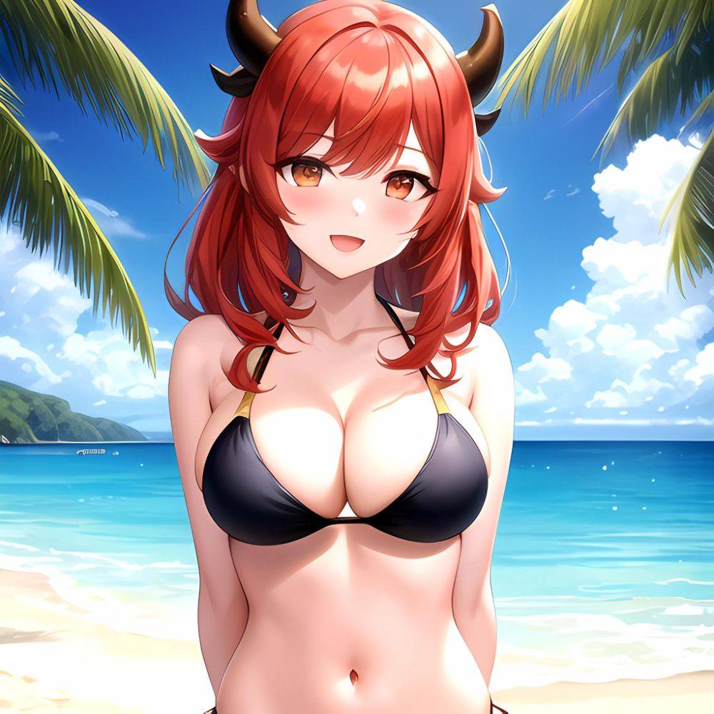 Nilou Genshin Impact 1girl Bare Shoulders Beach Bikini Blush Breasts Cleavage Collarbone Fake Horns Horns Large Breasts Long Hai, 1108467737 - AIHentai - #main