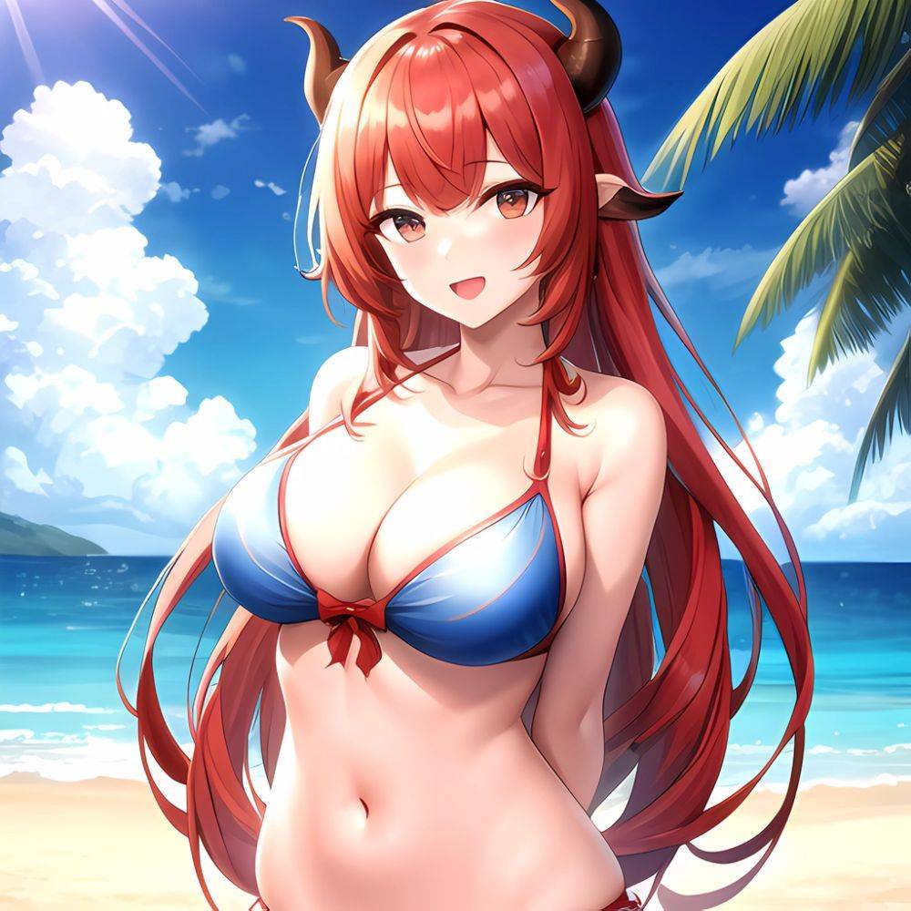 Nilou Genshin Impact 1girl Bare Shoulders Beach Bikini Blush Breasts Cleavage Collarbone Fake Horns Horns Large Breasts Long Hai, 1472350017 - AIHentai - #main