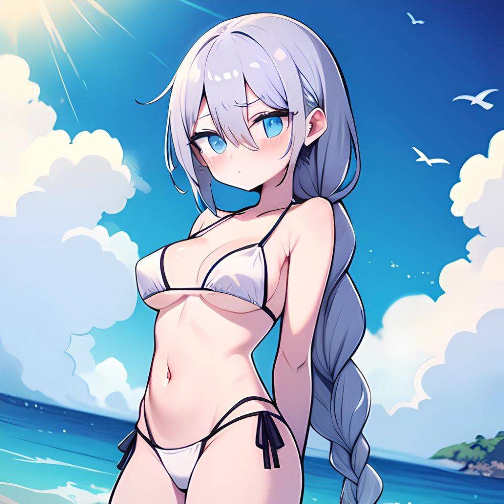 Lexington Warship Girls R 1girl Bikini Blue Eyes Blue Sky Braid Breasts Cloud Collarbone Day French Braid Grey Hair Hair, 1226375403 - AIHentai - #main