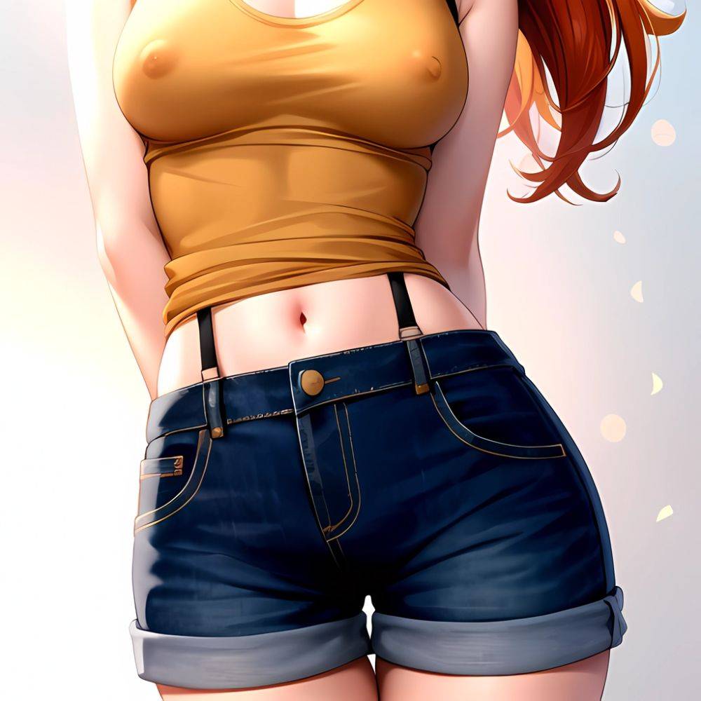 Misty Pokemon 1girl Blue Panties Breasts Denim Denim Shorts Head Tilt Heart Medium Breasts Navel Nipples No Bra Orange Hair, 285257471 - AIHentai - #main