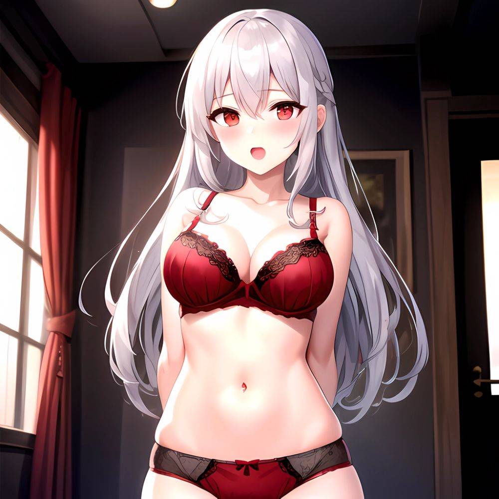 1girl Red Bra Blush Bra Breasts Double Parted Bangs Grey Hair Hair Between Eyes Indoors Large Breasts Long Hair Looking, 3567274226 - AIHentai - #main