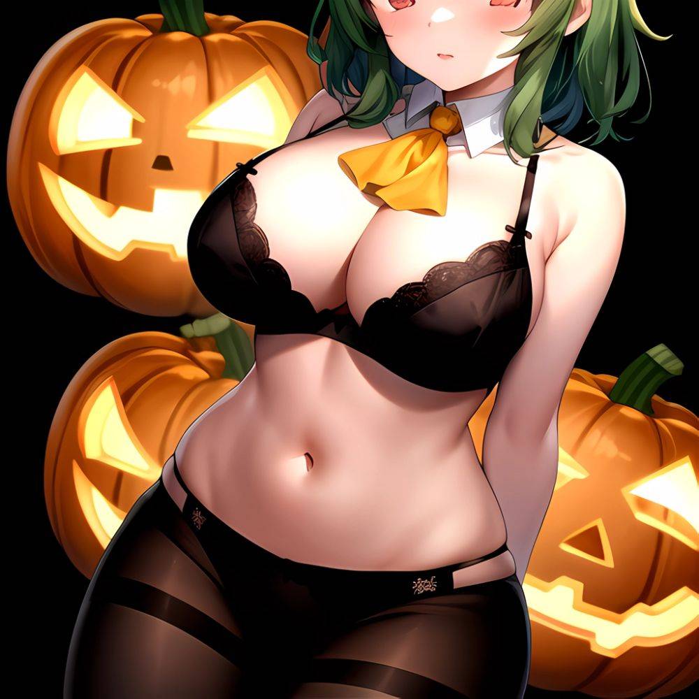 Pumpkins Halloween Kazami Yuuka 1girl Arms Behind Back Ascot Black Background Black Bra Black Panties Black Pantyhose Bra Breast, 3836392565 - AIHentai - #main