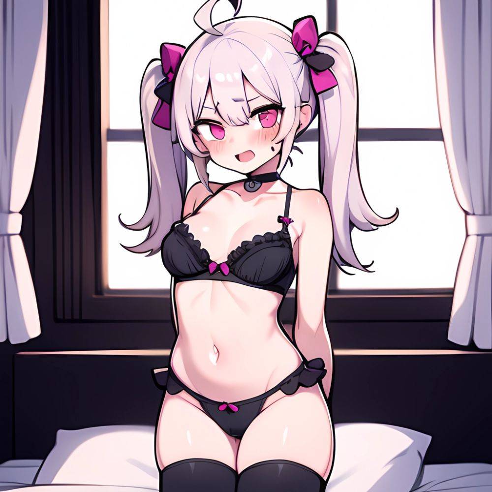 Hoshikawa Sara 1girl Ahoge Arms Behind Back Bed Black Choker Black Thighhighs Blush Bra Breasts Choker Cola Collarbone Dressing, 2634020608 - AIHentai - #main