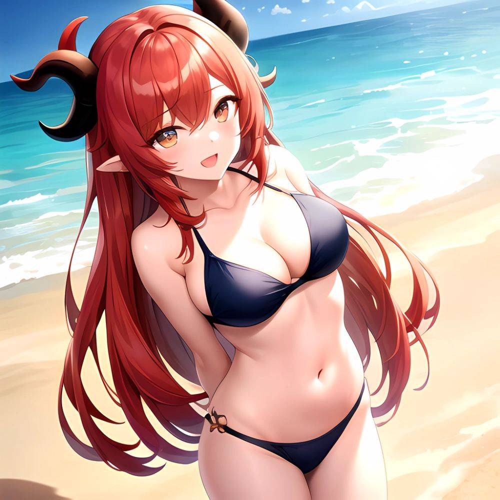 Nilou Genshin Impact 1girl Bare Shoulders Beach Bikini Blush Breasts Cleavage Collarbone Fake Horns Horns Large Breasts Long Hai, 795085905 - AIHentai - #main