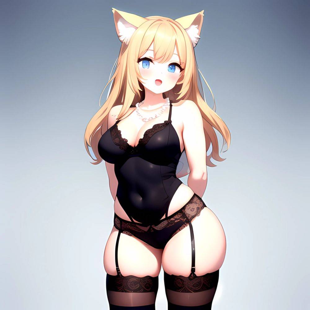 1girl Animal Ears Blonde Hair Blue Eyes Blush Breasts Cowboy Shot Cropped Legs Curvy Eyeshadow Fat Grey Thighhighs Jewelry Lace, 1570687097 - AIHentai - #main