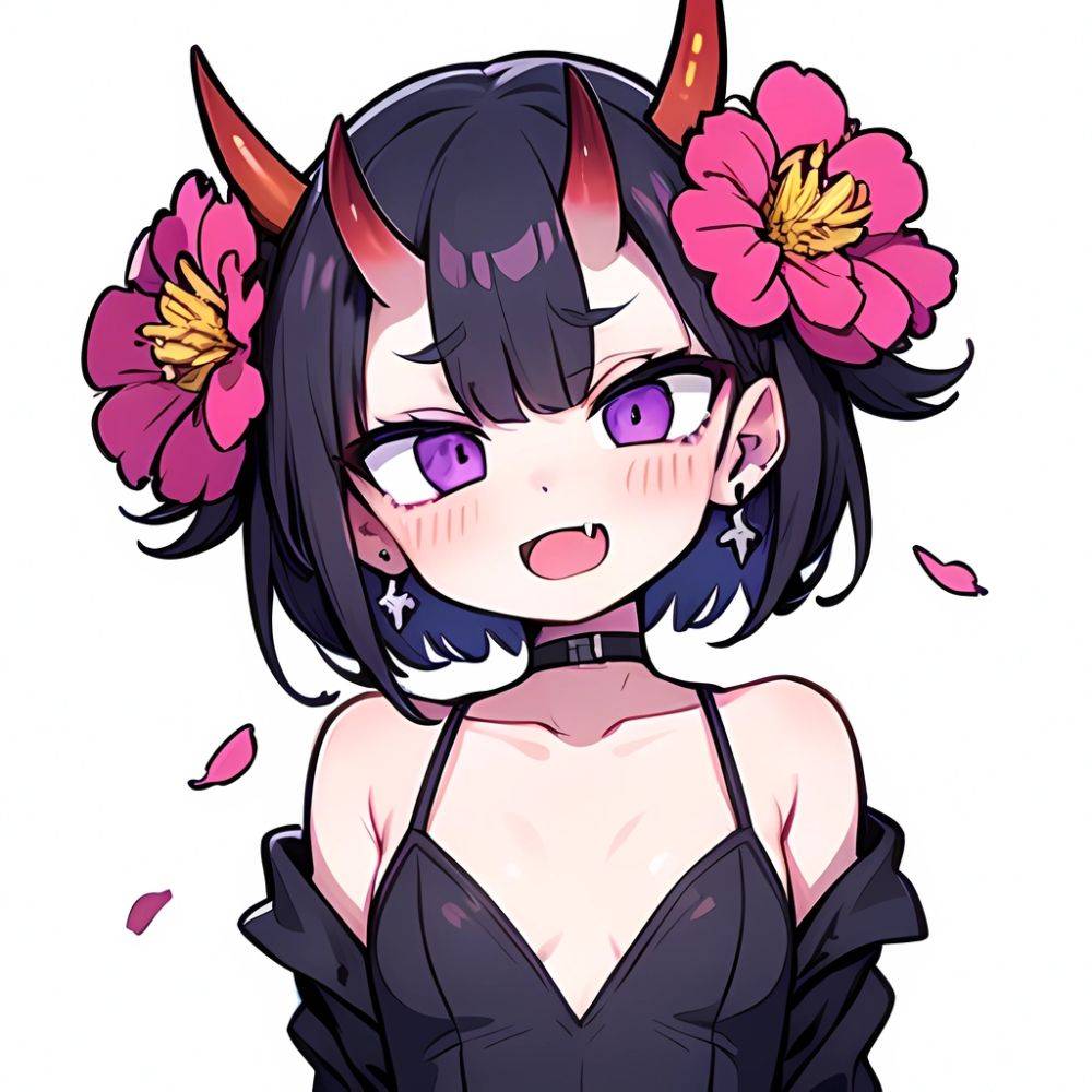 Shuten Douji Fate 1girl Blush Bob Cut Breasts Collarbone Earrings Fang Flower Hair Flower Hair Ornament Horns Jewelry Looking At, 2606203758 - AIHentai - #main