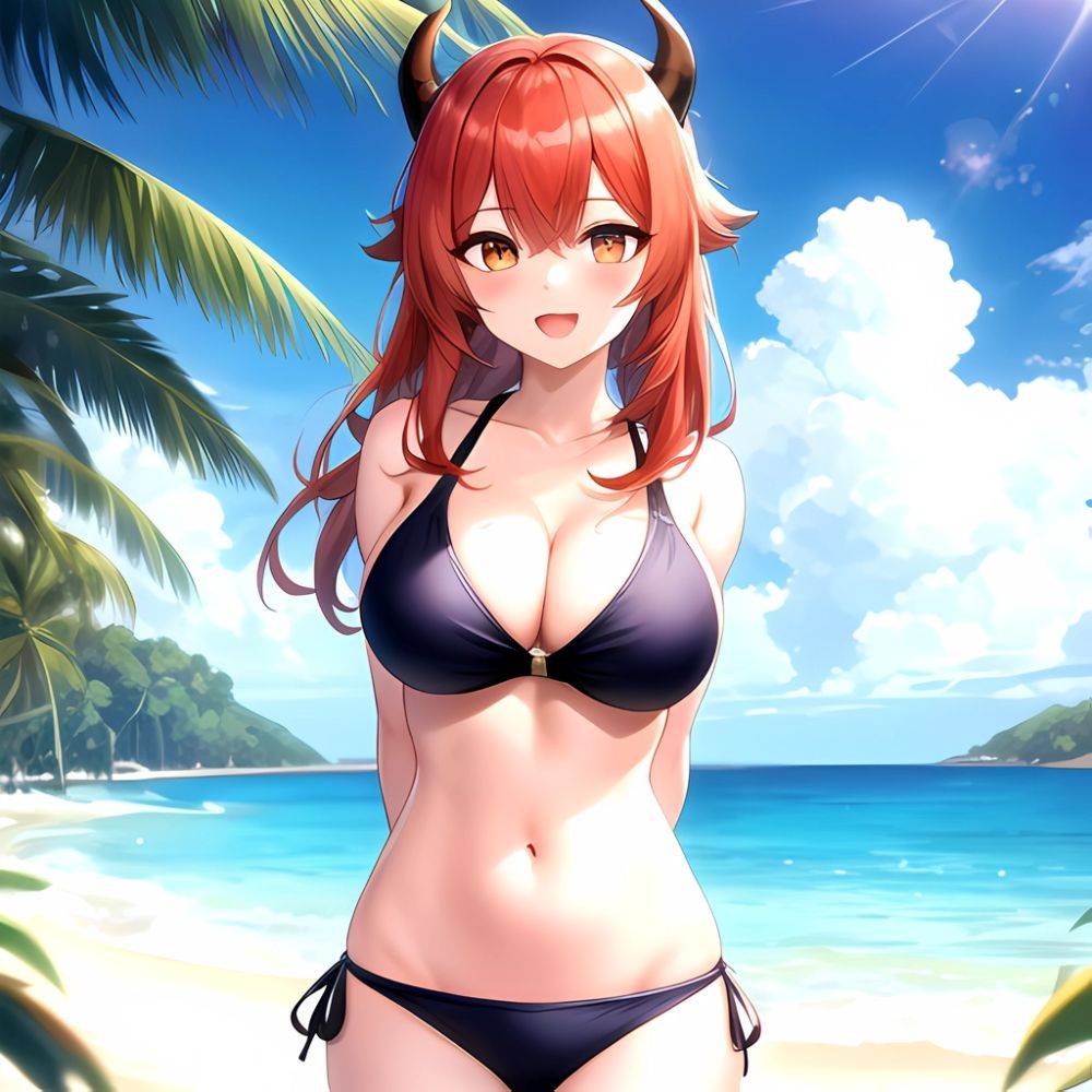 Nilou Genshin Impact 1girl Bare Shoulders Beach Bikini Blush Breasts Cleavage Collarbone Fake Horns Horns Large Breasts Long Hai, 501622921 - AIHentai - #main