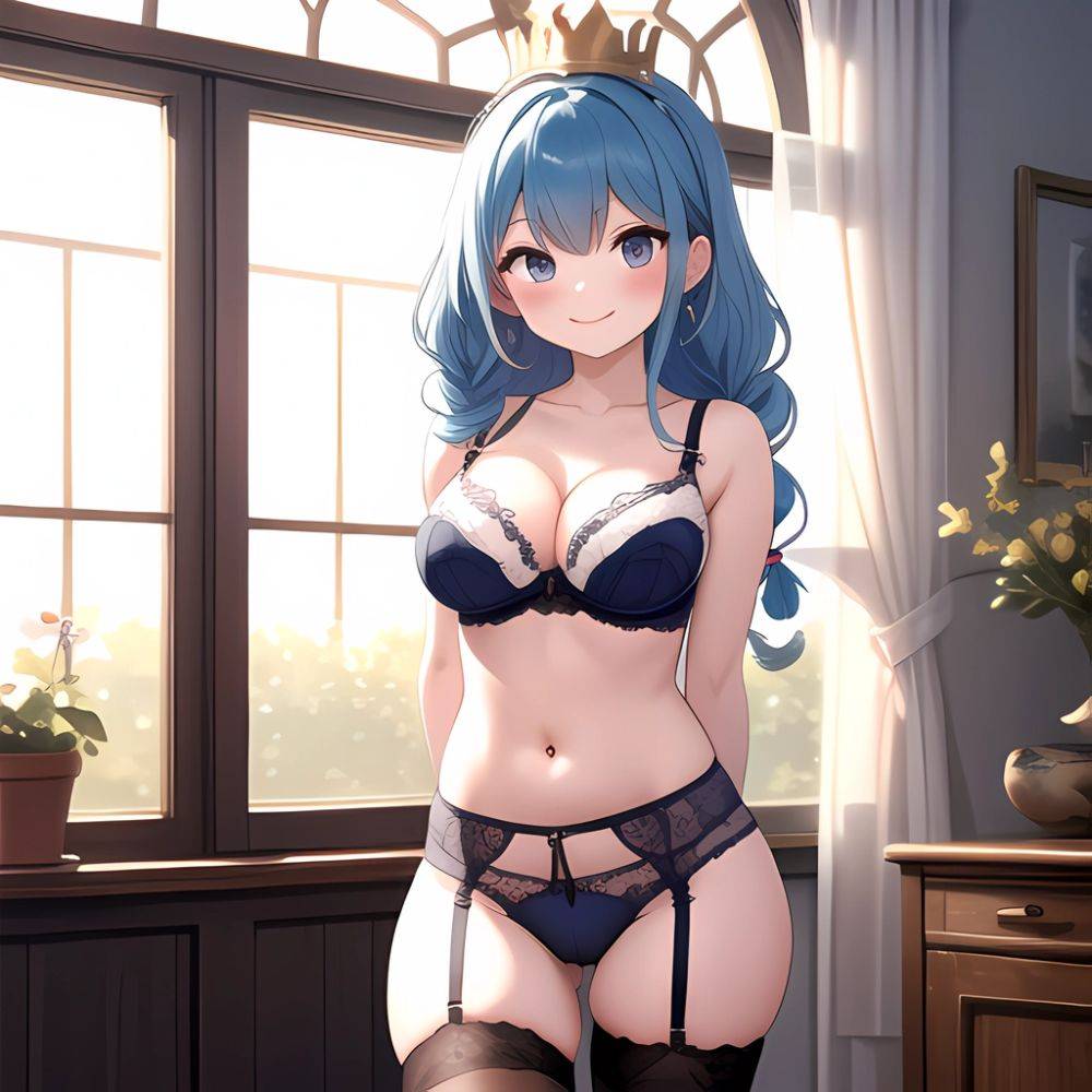 Marianne Von Edmund 1girl Blue Hair Blush Bra Braid Breasts Cameltoe Cleavage Crown Braid Garter Belt Lace Trimmed Bra Lace, 2756340126 - AIHentai - #main