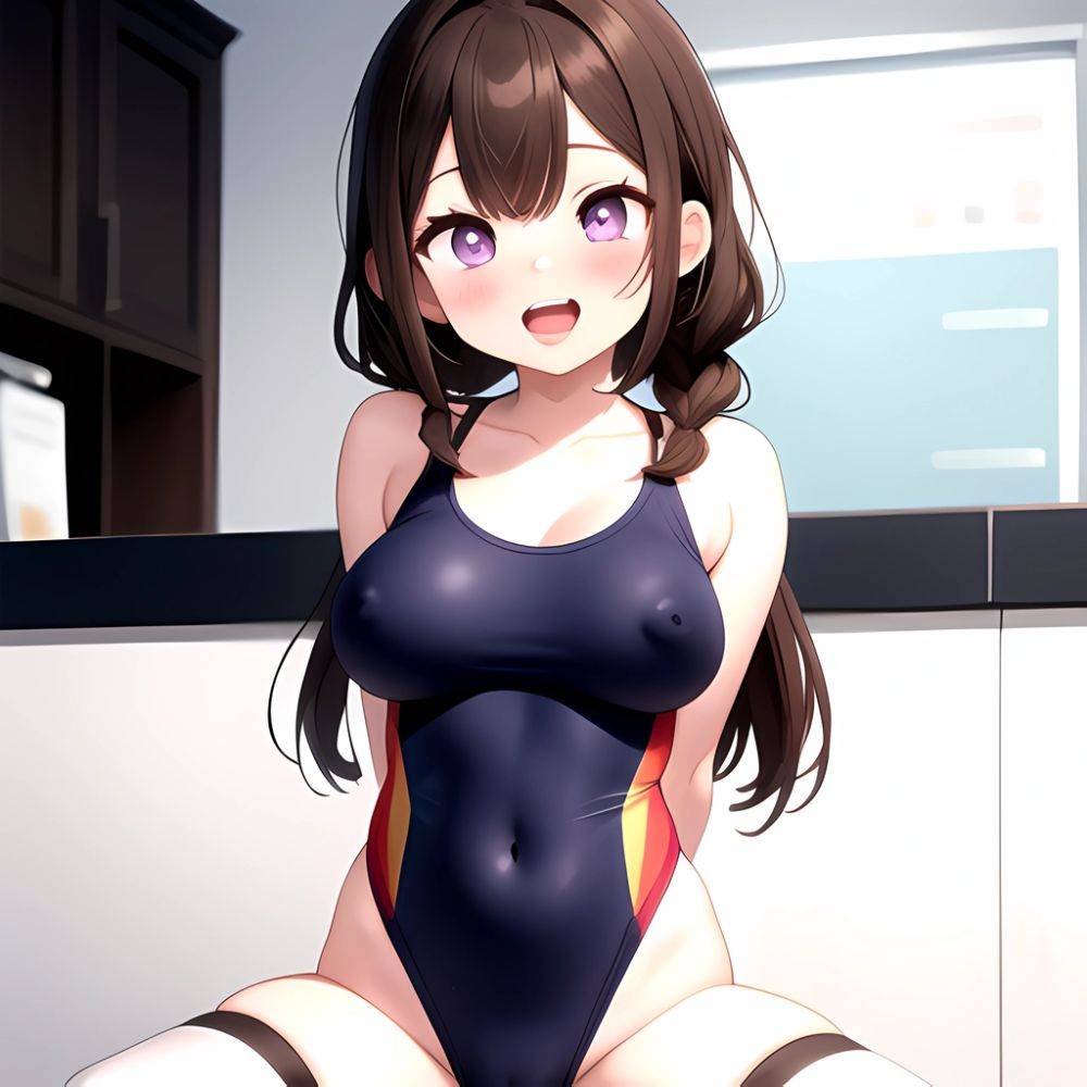 Kuwayama Chiyuki 1girl Ahoge Black Thighhighs Blurry Blurry Background Blush Braid Breasts Brown Eyes Brown Hair Cameltoe Collar, 545714454 - AIHentai - #main