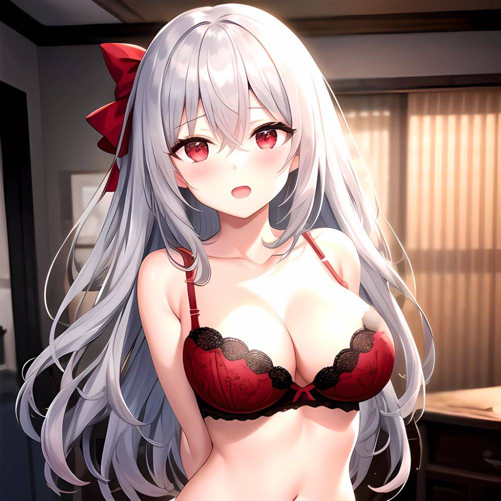 1girl Red Bra Blush Bra Breasts Double Parted Bangs Grey Hair Hair Between Eyes Indoors Large Breasts Long Hair Looking, 1394709693 - AIHentai - #main