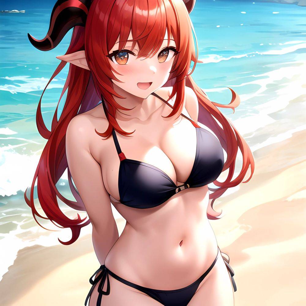 Nilou Genshin Impact 1girl Bare Shoulders Beach Bikini Blush Breasts Cleavage Collarbone Fake Horns Horns Large Breasts Long Hai, 3098718581 - AIHentai - #main