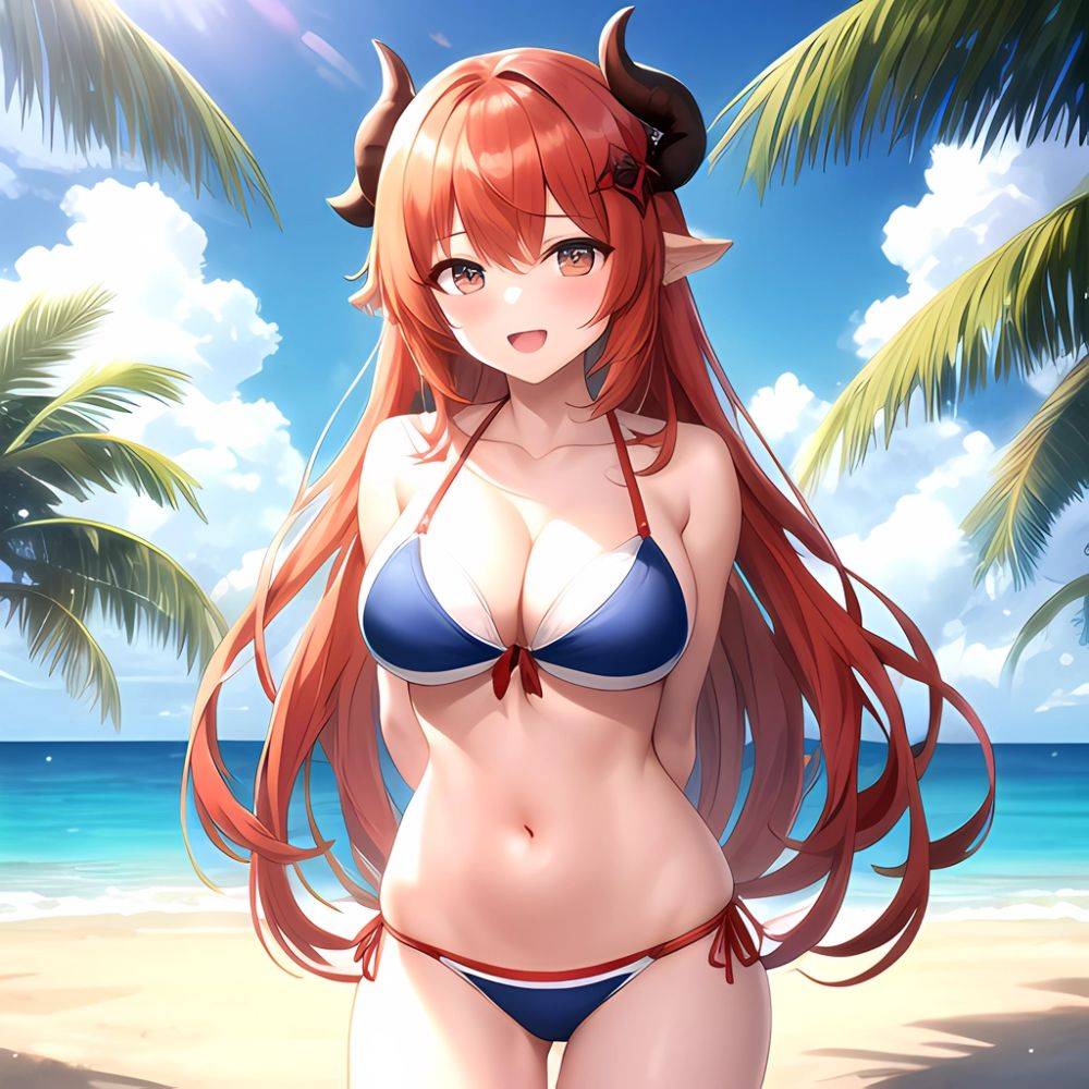 Nilou Genshin Impact 1girl Bare Shoulders Beach Bikini Blush Breasts Cleavage Collarbone Fake Horns Horns Large Breasts Long Hai, 117197254 - AIHentai - #main