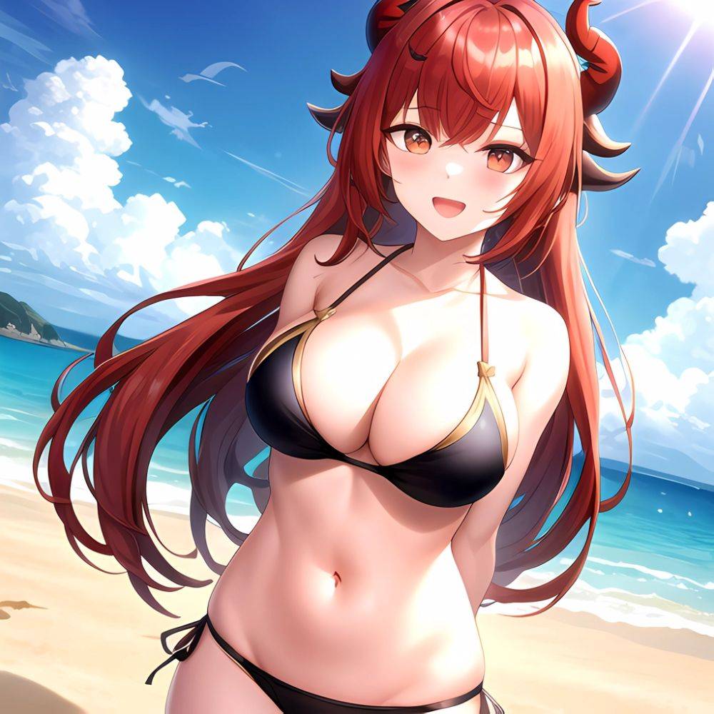 Nilou Genshin Impact 1girl Bare Shoulders Beach Bikini Blush Breasts Cleavage Collarbone Fake Horns Horns Large Breasts Long Hai, 1605969107 - AIHentai - #main