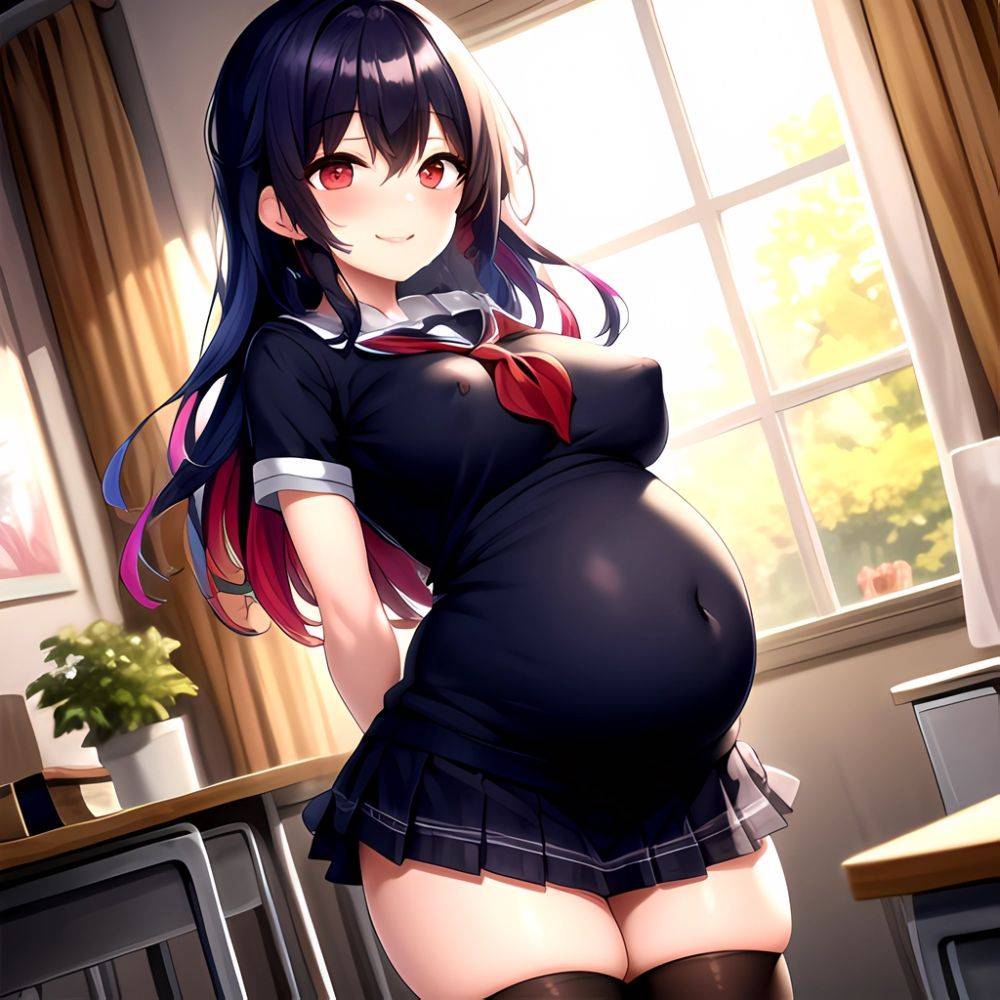 1girl Arms Behind Back 1 3 Blue Hair Blush Breasts Breasts Out Pregnant Long Hair Facing The Viewer Medium Breasts, 2686349104 - AIHentai - #main