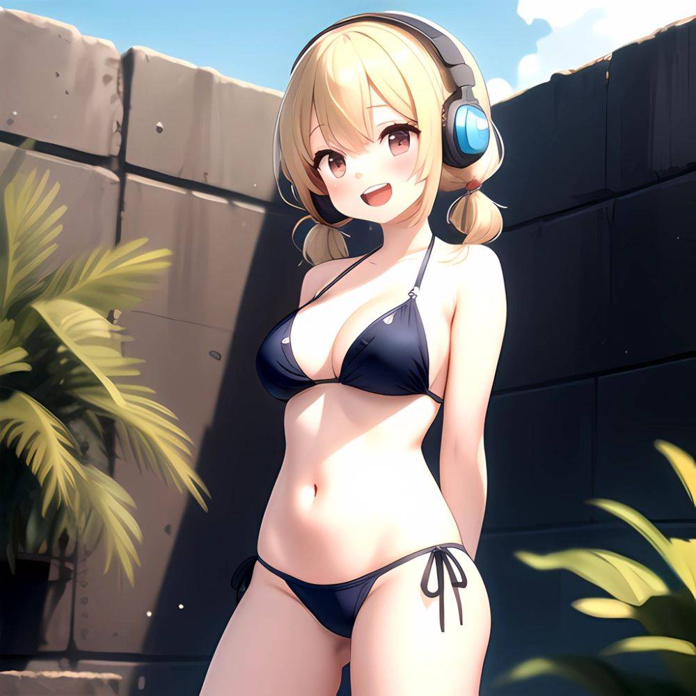 Super Pochaco 1girl Arms Behind Back Bare Shoulders Bikini Blonde Hair Blush Breasts Brown Eyes Cleavage Cowboy Shot Dark Skinne, 461539130 - AIHentai - #main