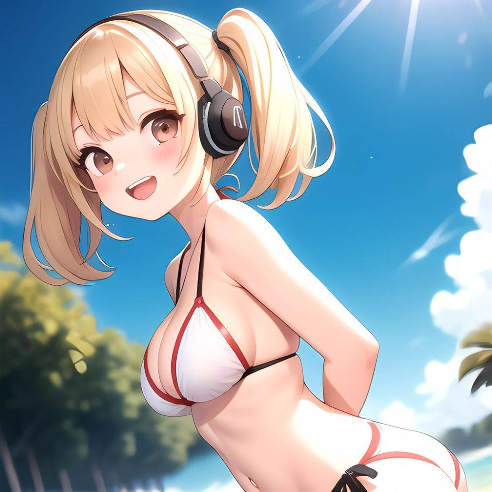 Super Pochaco 1girl Arms Behind Back Bare Shoulders Bikini Blonde Hair Blush Breasts Brown Eyes Cleavage Cowboy Shot Dark Skinne, 1074649885 - AIHentai - #main