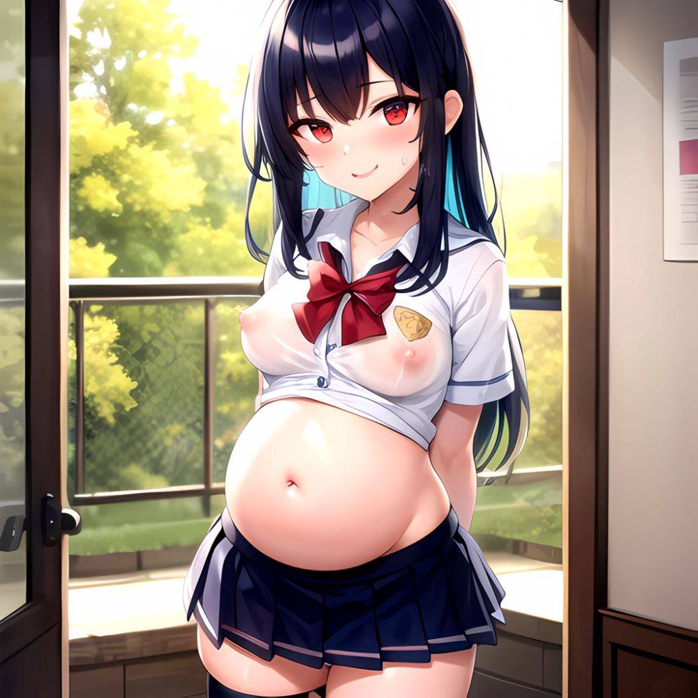 1girl Arms Behind Back 1 3 Blue Hair Blush Breasts Breasts Out Pregnant Long Hair Facing The Viewer Medium Breasts, 544380172 - AIHentai - #main