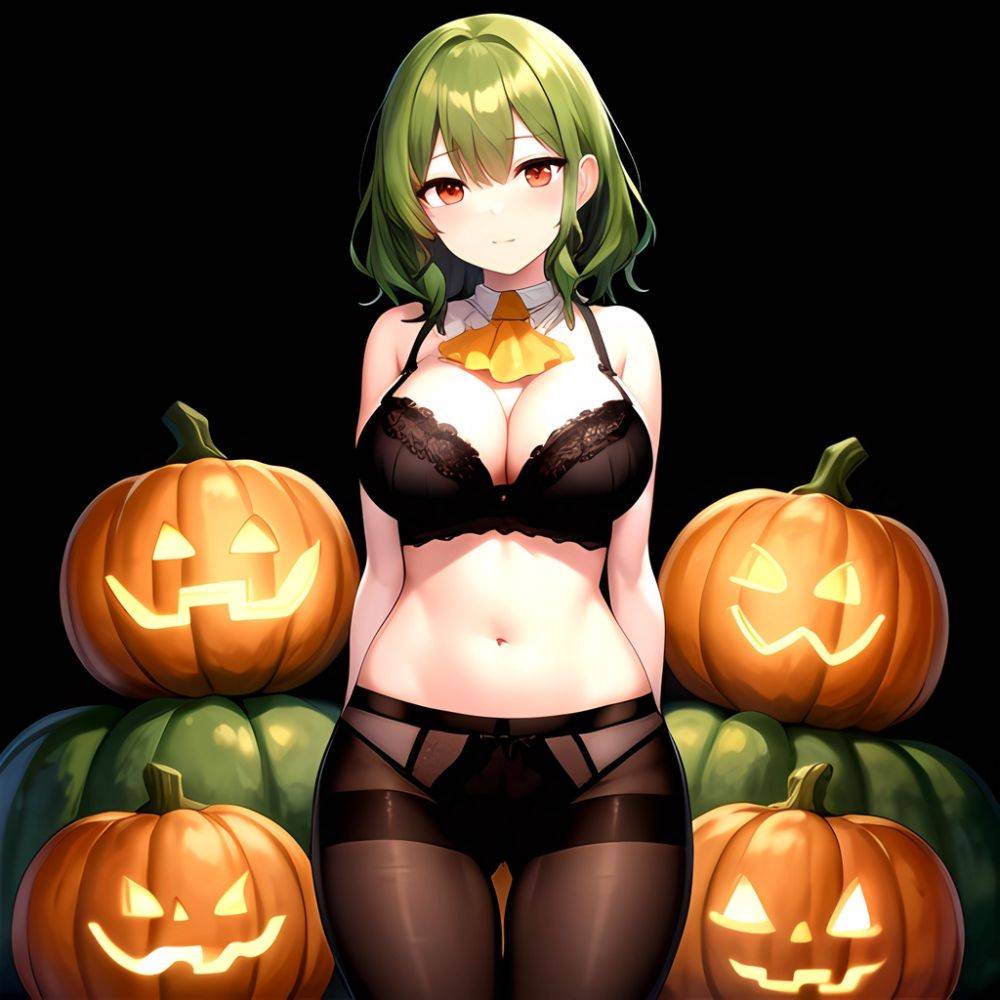 Pumpkins Halloween Kazami Yuuka 1girl Arms Behind Back Ascot Black Background Black Bra Black Panties Black Pantyhose Bra Breast, 2671470203 - AIHentai - #main