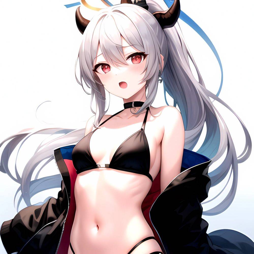 Kayoko Blue Archive 1girl Alternate Costume Bare Shoulders Bikini Black Bikini Black Choker Black Hair Black Horns Black Jacket, 3392296403 - AIHentai - #main