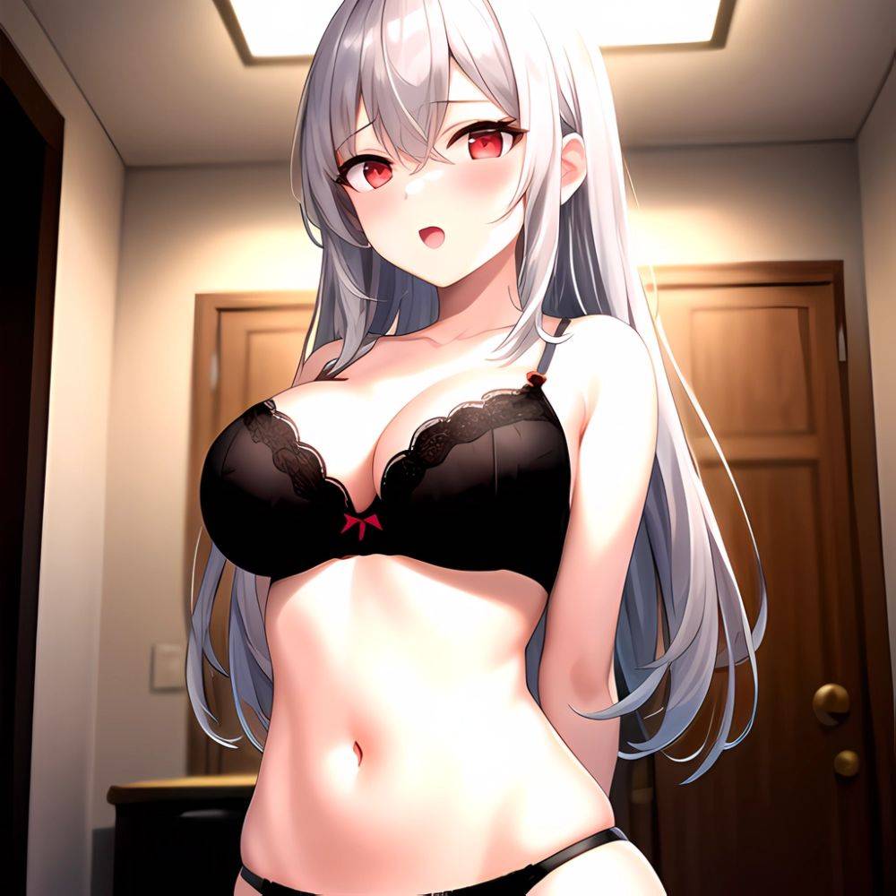 1girl Black Bra Blush Bra Breasts Double Parted Bangs Grey Hair Hair Between Eyes Indoors Large Breasts Long Hair Looking, 2438346711 - AIHentai - #main