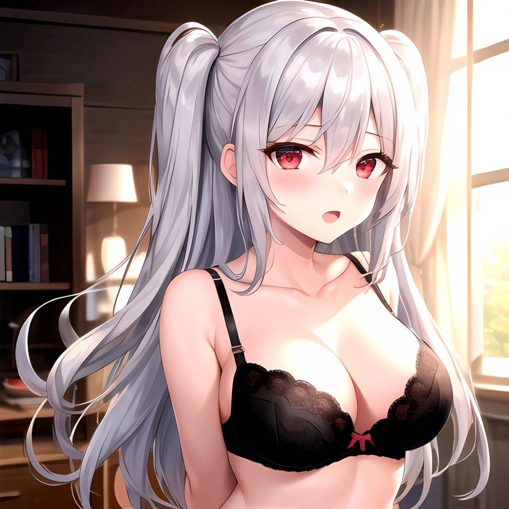 1girl Black Bra Blush Bra Breasts Double Parted Bangs Grey Hair Hair Between Eyes Indoors Large Breasts Long Hair Looking, 2584284071 - AIHentai - #main