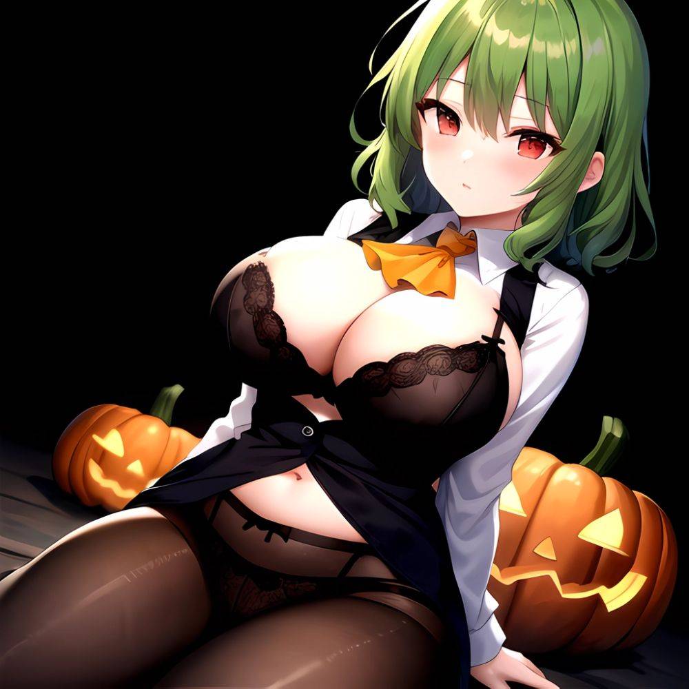 Pumpkins Halloween Kazami Yuuka 1girl Arms Behind Back Ascot Black Background Black Bra Black Panties Black Pantyhose Bra Breast, 2053772994 - AIHentai - #main