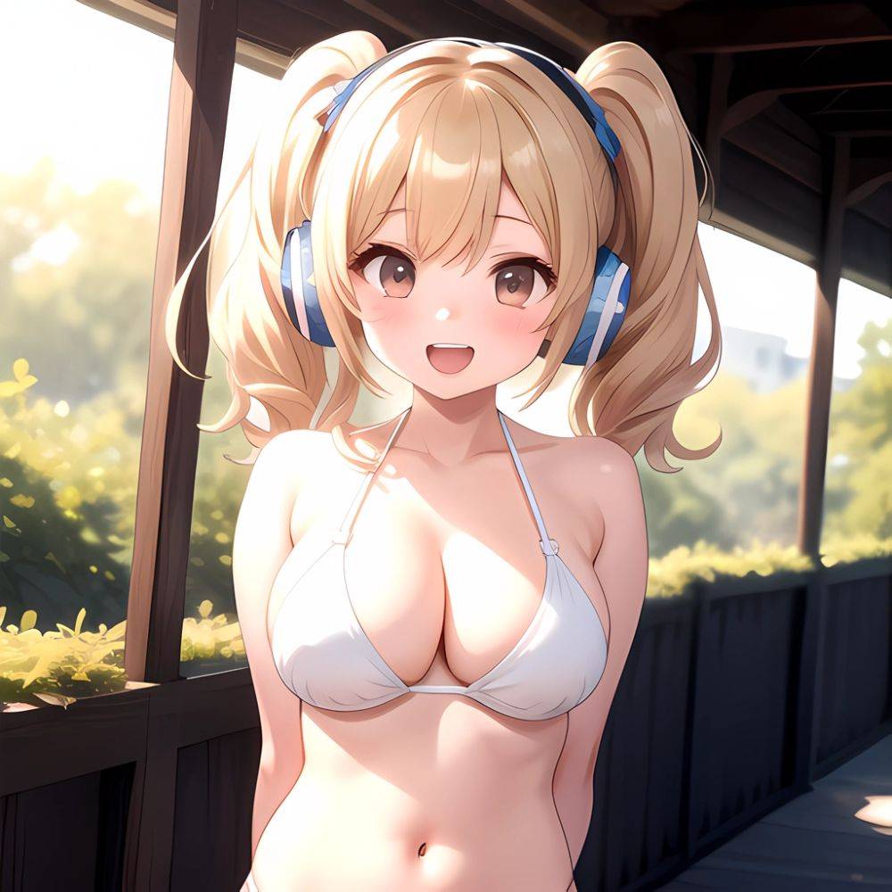 Super Pochaco 1girl Arms Behind Back Bare Shoulders Bikini Blonde Hair Blush Breasts Brown Eyes Cleavage Cowboy Shot Dark Skinne, 1977572216 - AIHentai - #main