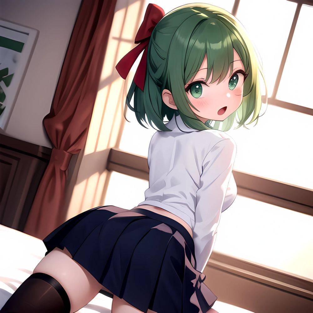 Breasts Cowgirl Position School Uniform Spread Legs Thighhighs Chieru Princess Connect 1girl Blurry Blurry Background Green Eyes, 821274629 - AIHentai - #main