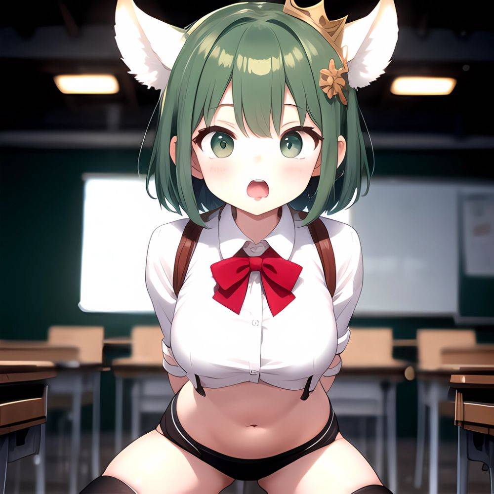 Breasts Cowgirl Position School Uniform Spread Legs Thighhighs Chieru Princess Connect 1girl Blurry Blurry Background Green Eyes, 1613027133 - AIHentai - #main