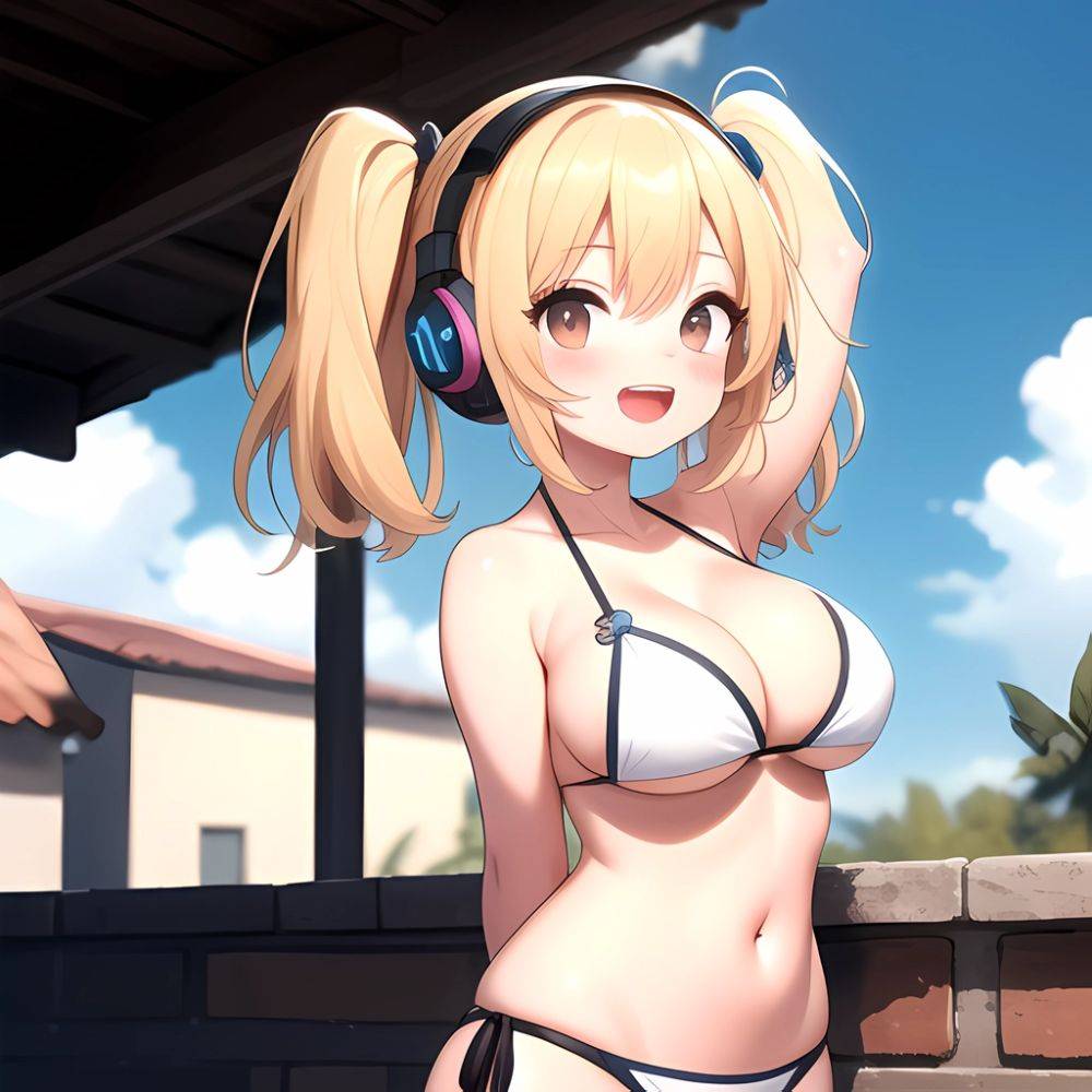 Super Pochaco 1girl Arms Behind Back Bare Shoulders Bikini Blonde Hair Blush Breasts Brown Eyes Cleavage Cowboy Shot Dark Skinne, 2820766176 - AIHentai - #main