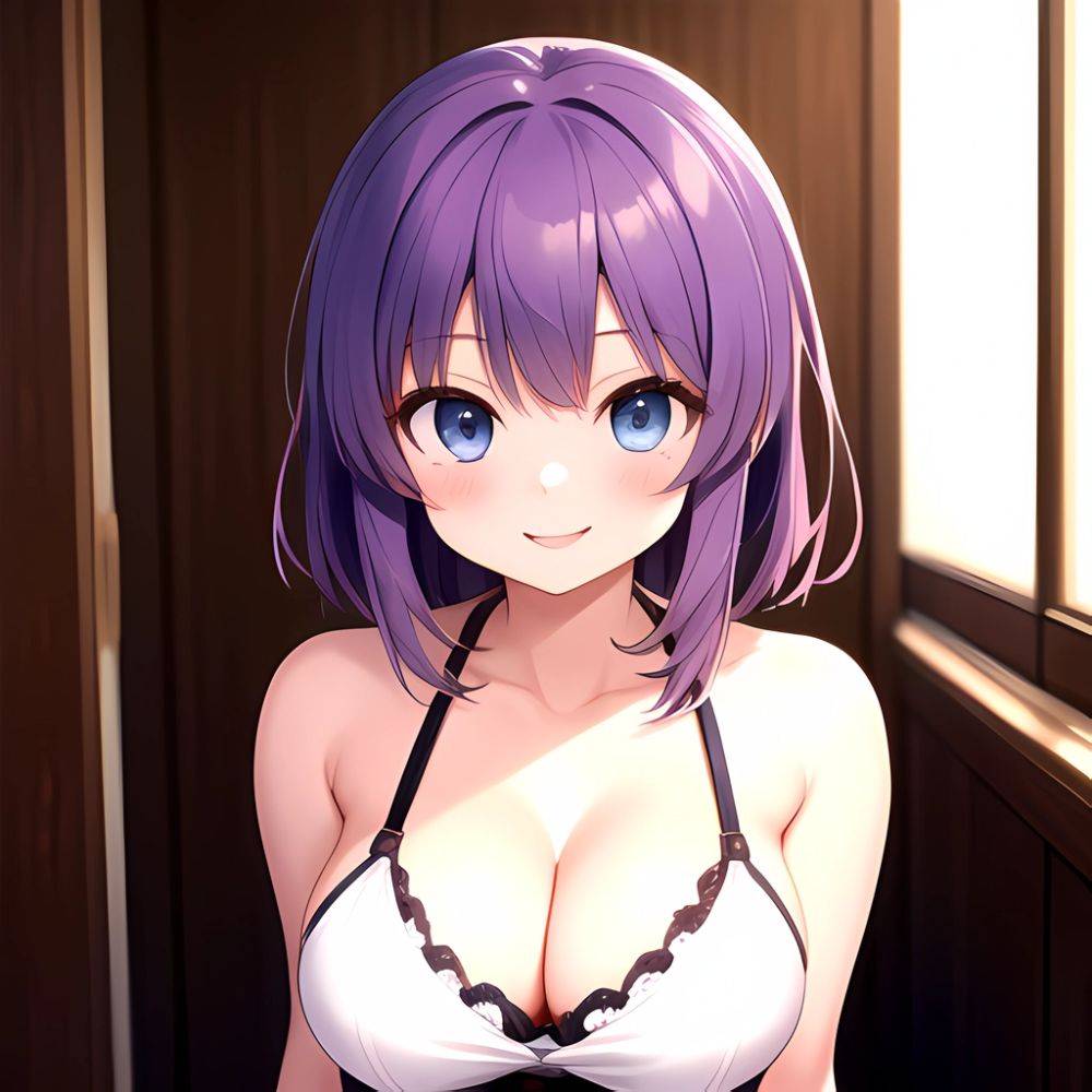 Yumi Senran Kagura 1girl Blue Eyes Breasts Cleavage Large Breasts Looking At Viewer Medium Breasts Paizuri Purple Hair Smile Upp, 3984309888 - AIHentai - #main