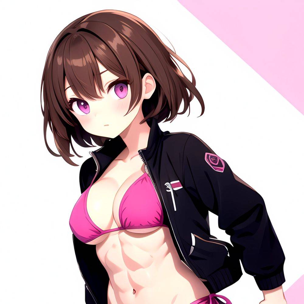 1girl Abs Bikini Breasts Brown Hair Colored Skin Jacket Large Breasts Muscular Muscular Female Pink Eyes Solo Swimsuit White Bac, 608461933 - AIHentai - #main