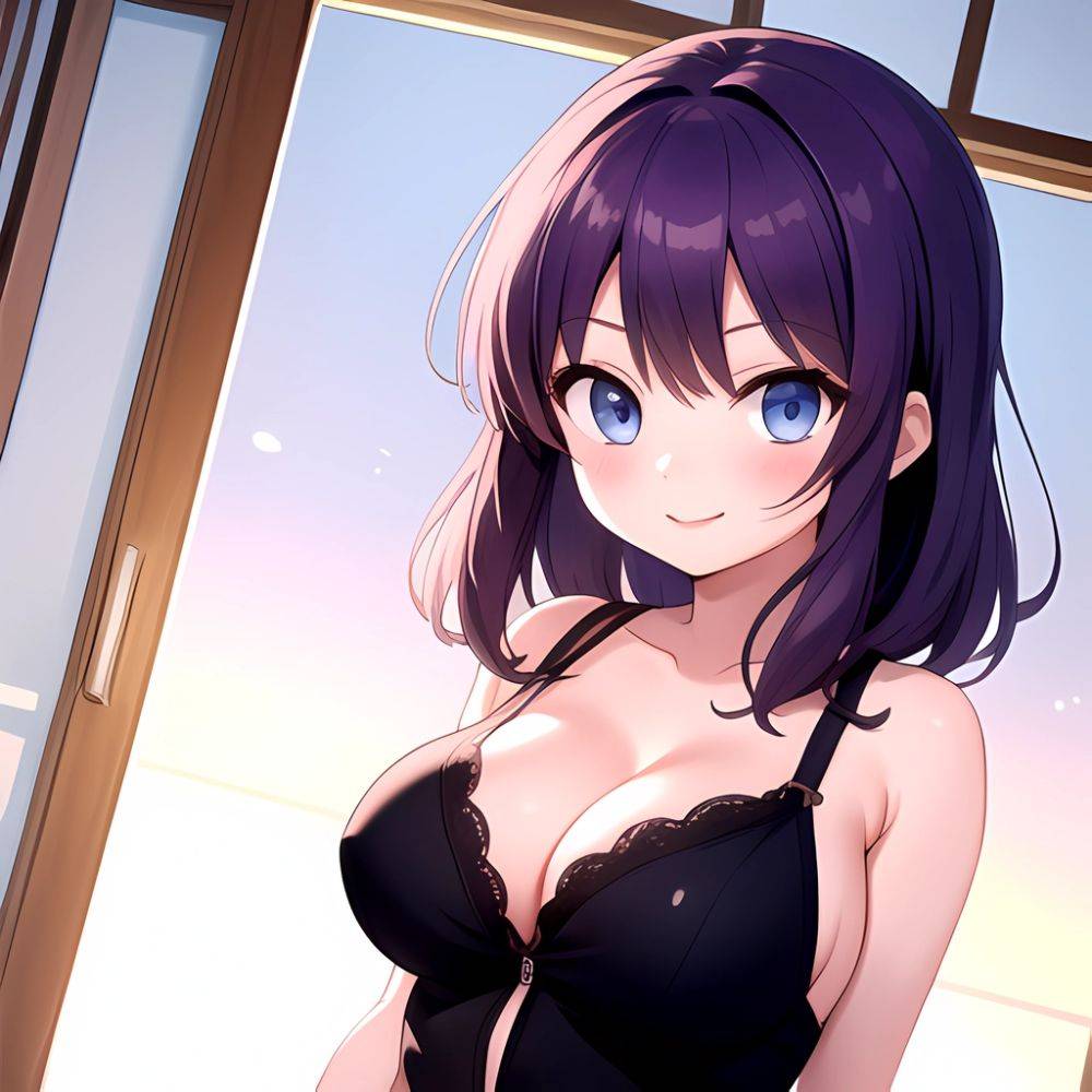 Yumi Senran Kagura 1girl Blue Eyes Breasts Cleavage Large Breasts Looking At Viewer Medium Breasts Paizuri Purple Hair Smile Upp, 2601512198 - AIHentai - #main