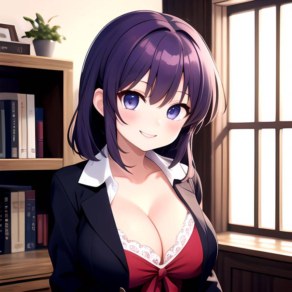 Yumi Senran Kagura 1girl Blue Eyes Breasts Cleavage Large Breasts Looking At Viewer Medium Breasts Paizuri Purple Hair Smile Upp, 3454195150 - AIHentai - #main