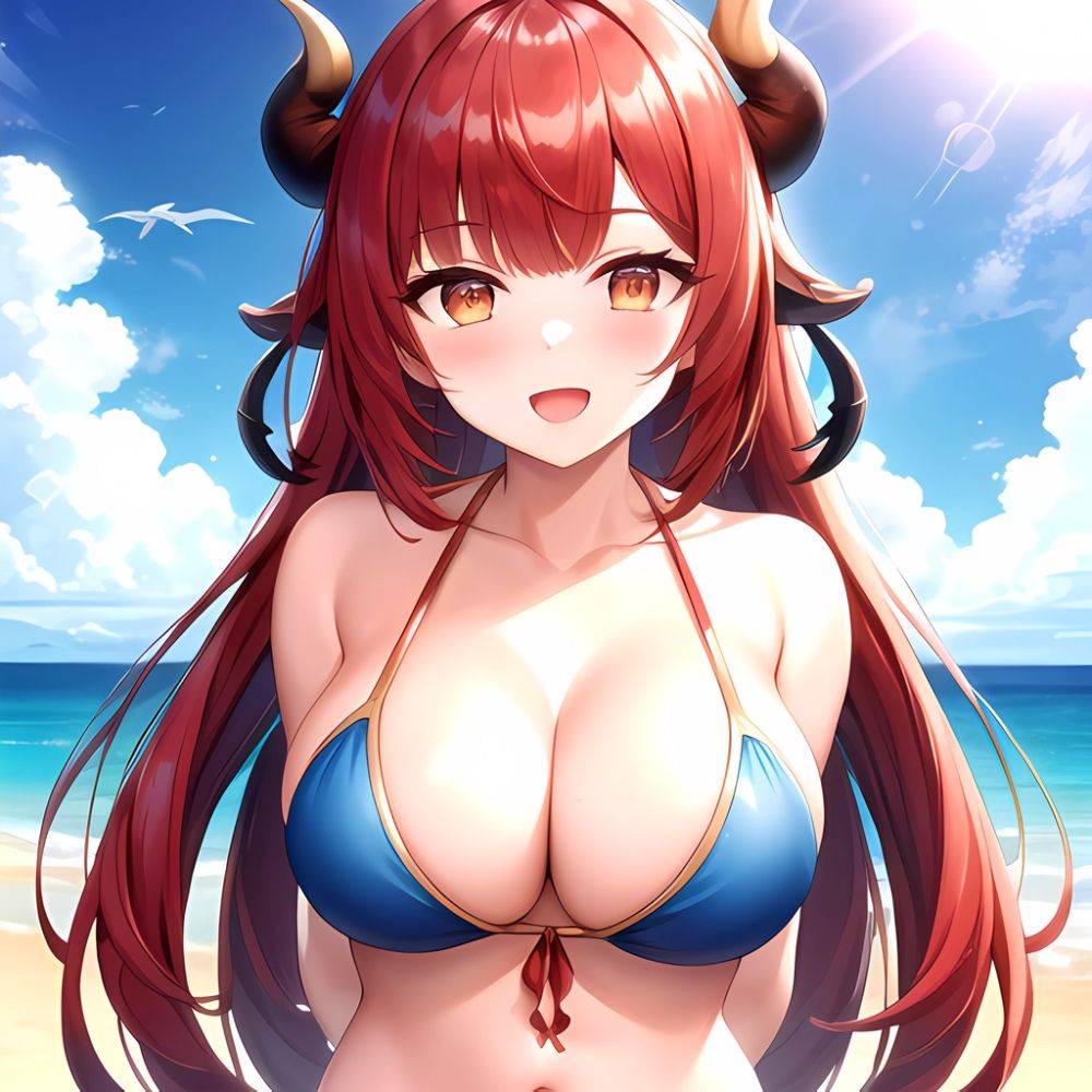 Nilou Genshin Impact 1girl Bare Shoulders Beach Bikini Blush Breasts Cleavage Collarbone Fake Horns Horns Large Breasts Long Hai, 1436518260 - AIHentai - #main