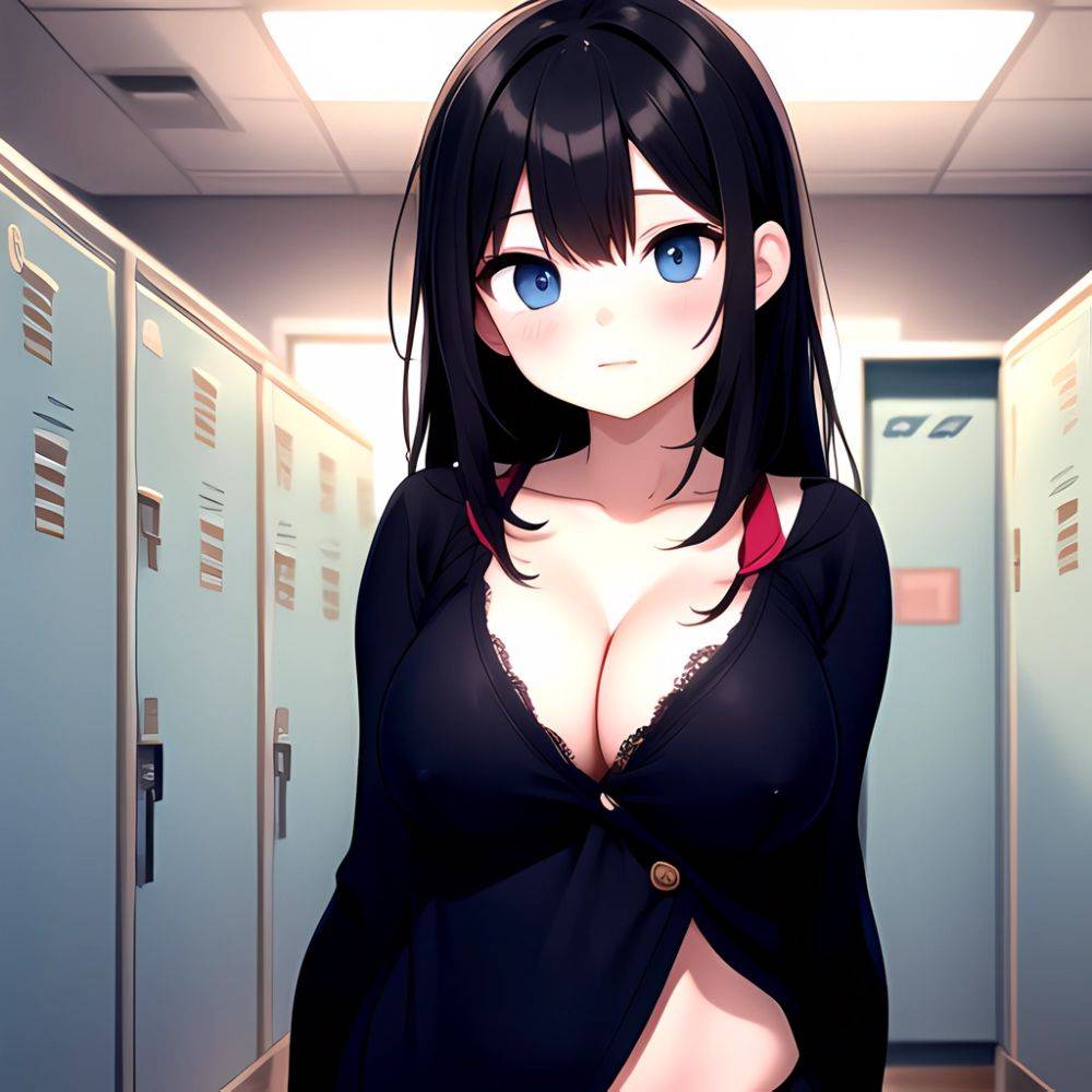 Black Hair Blue Eyes Nipples Large Breasts Cleavage Takarada Rikka 1girl Blue Shirt Blush Closed Mouth Collarbone Curvy Female P, 681988807 - AIHentai - #main